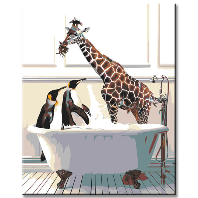 Painting by numbers penguins and giraffe in the bathtub