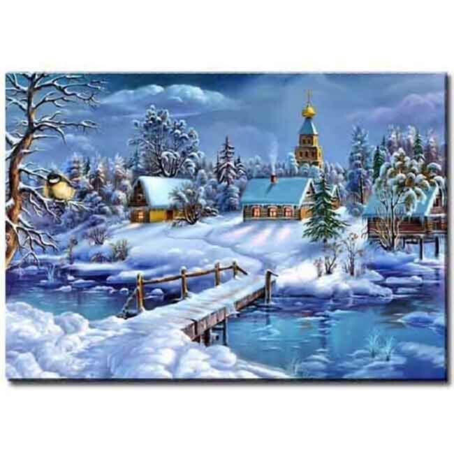 Paint by numbers winter village on the river